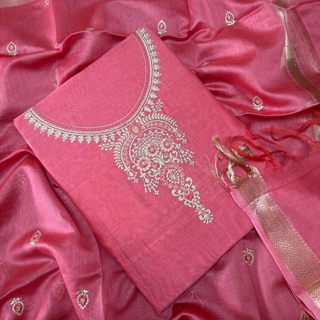 Pure Mal Chanderi Embroidery Unstitched Suit Set- ASJ019-01