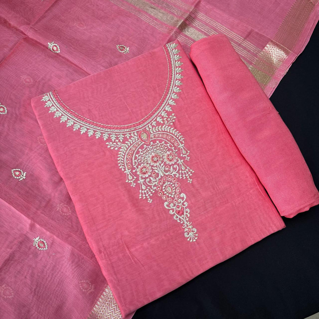 Pure Mal Chanderi Embroidery Unstitched Suit Set- ASJ019-01