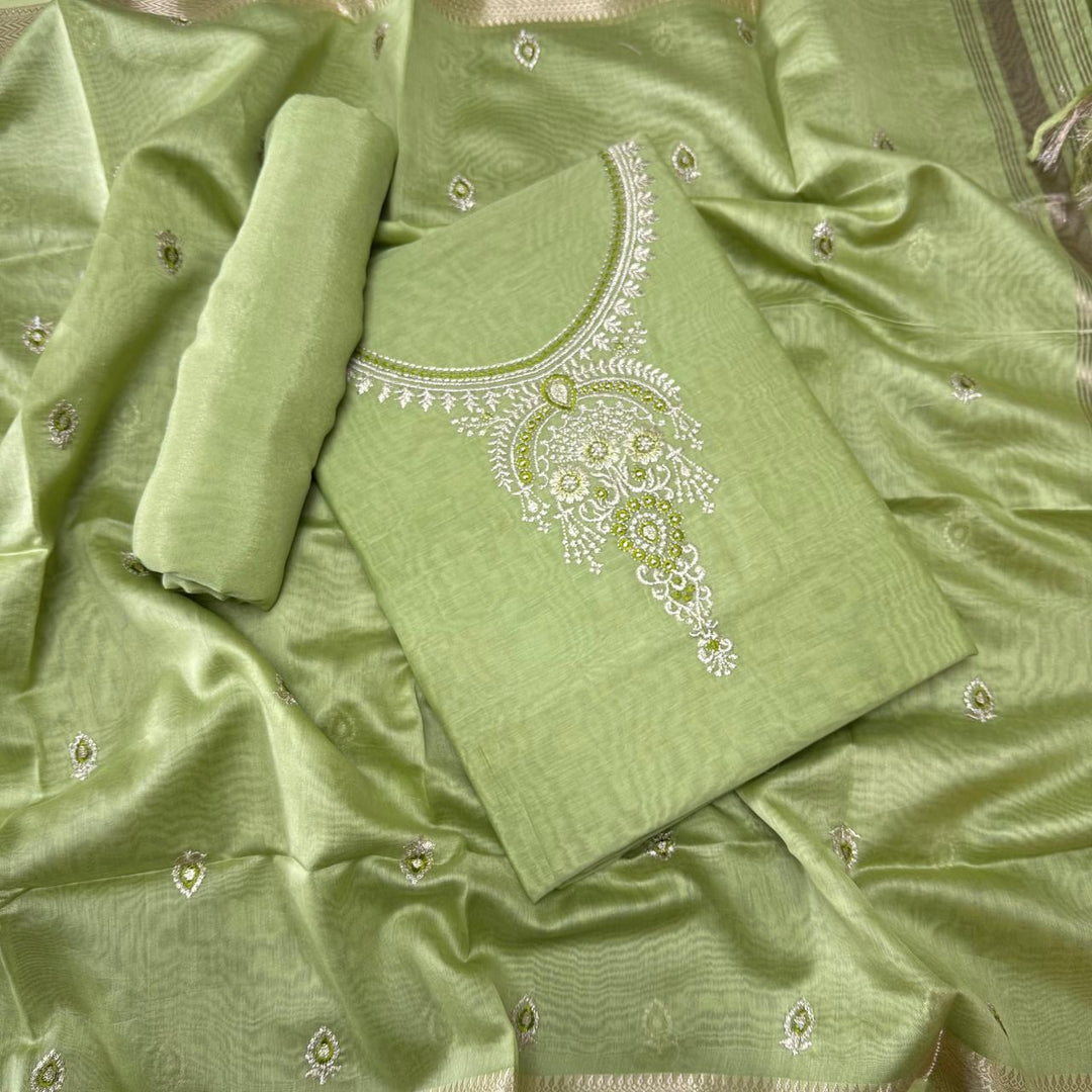 Pure Mal Chanderi Embroidery Unstitched Suit Set- ASJ019-02