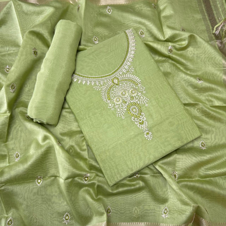 Pure Mal Chanderi Embroidery Unstitched Suit Set- ASJ019-02