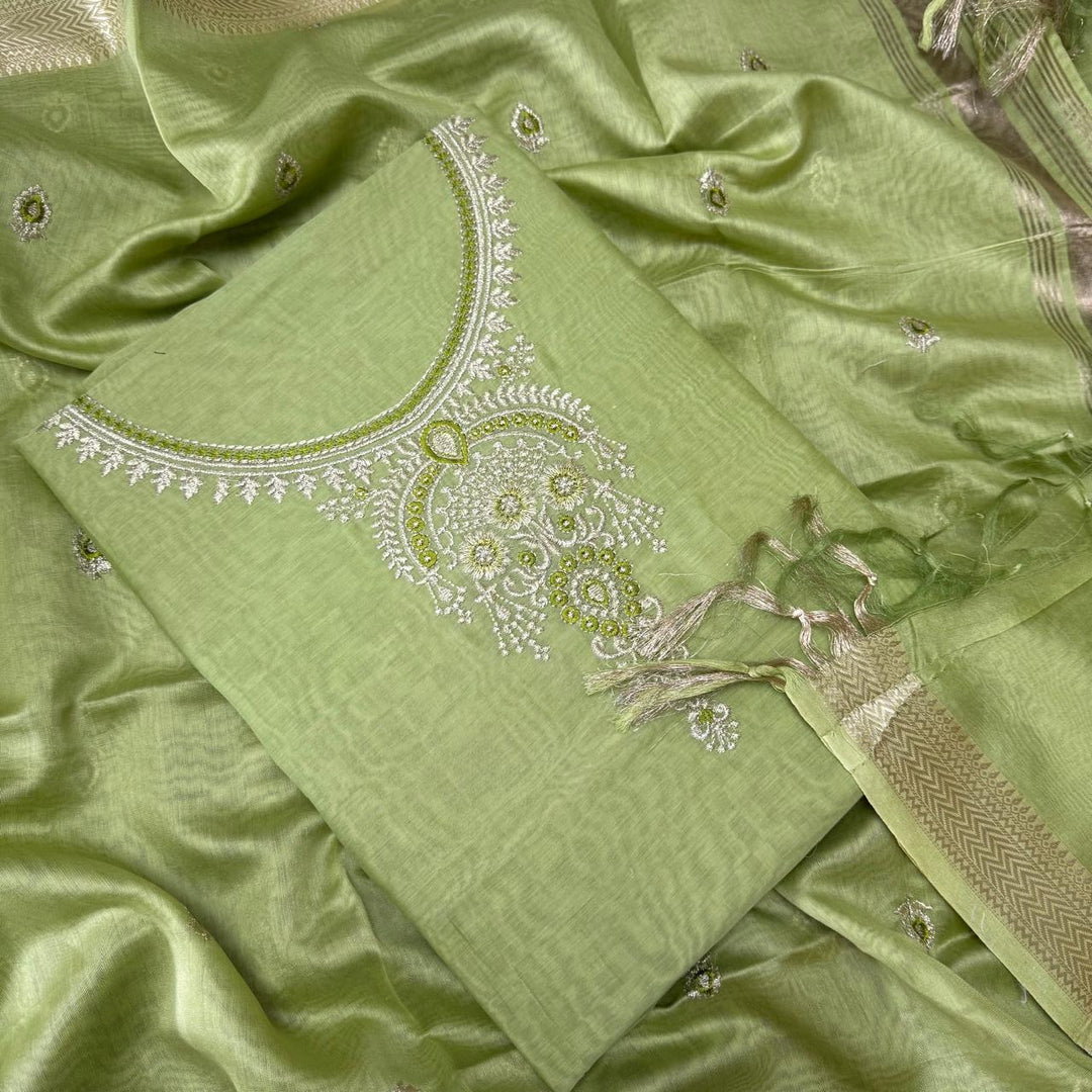 Pure Mal Chanderi Embroidery Unstitched Suit Set- ASJ019-02