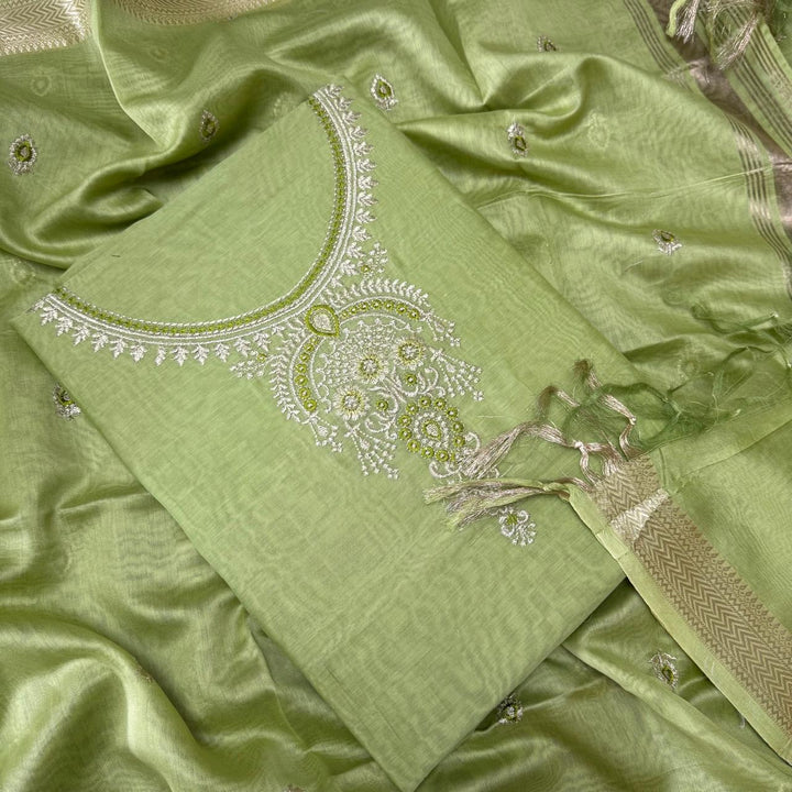 Pure Mal Chanderi Embroidery Unstitched Suit Set- ASJ019-02
