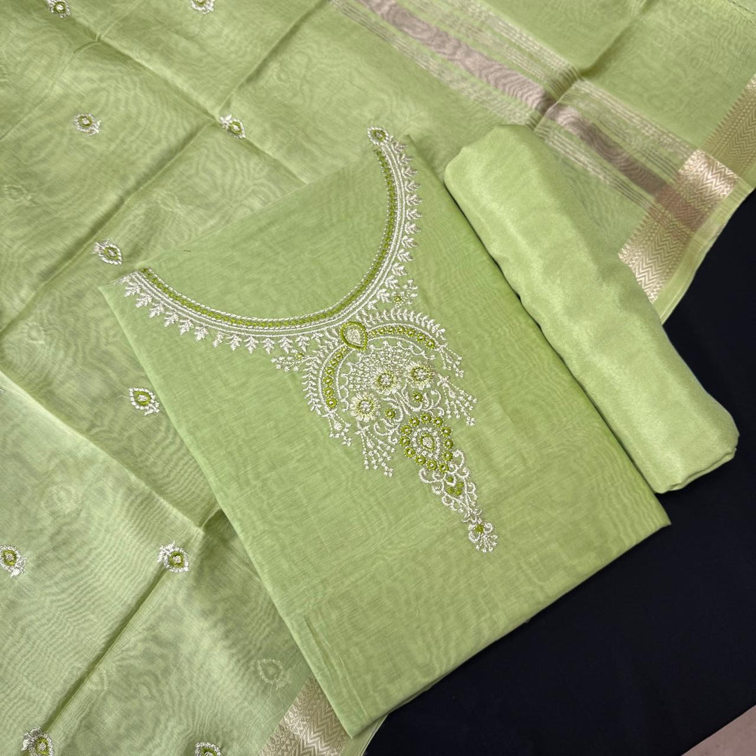 Pure Mal Chanderi Embroidery Unstitched Suit Set- ASJ019-02