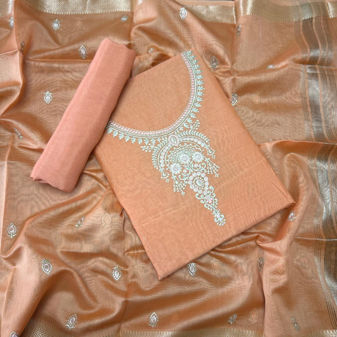 Pure Mal Chanderi Embroidery Unstitched Suit Set- ASJ019-03
