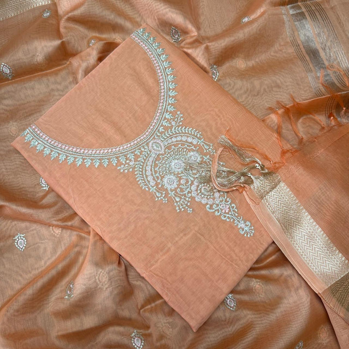 Pure Mal Chanderi Embroidery Unstitched Suit Set- ASJ019-03