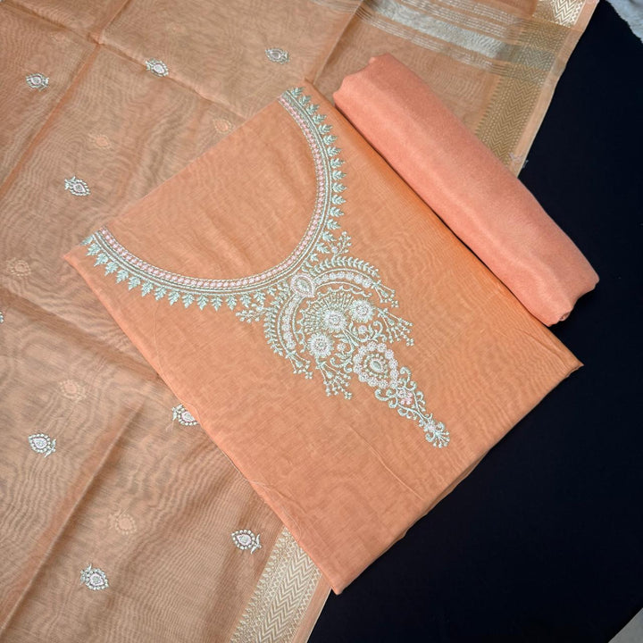 Pure Mal Chanderi Embroidery Unstitched Suit Set- ASJ019-03