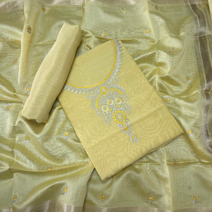 Pure Mal Chanderi Embroidery Unstitched Suit Set- ASJ019-04