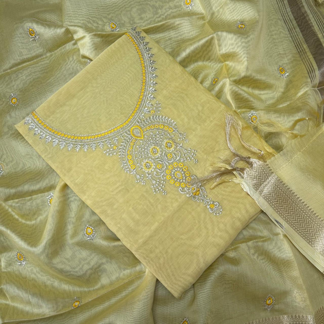 Pure Mal Chanderi Embroidery Unstitched Suit Set- ASJ019-04