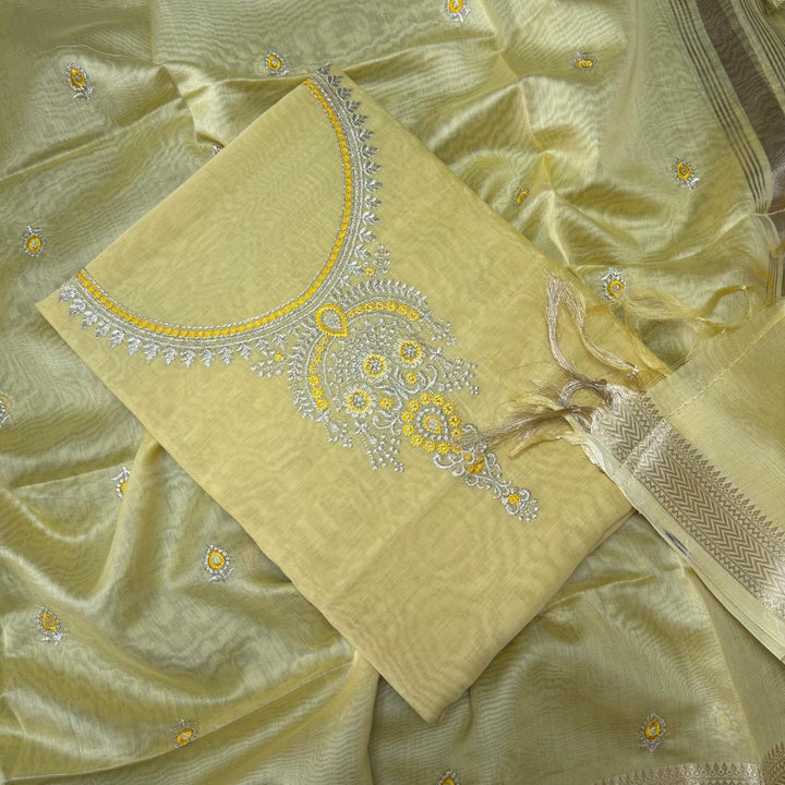Pure Mal Chanderi Embroidery Unstitched Suit Set- ASJ019-04