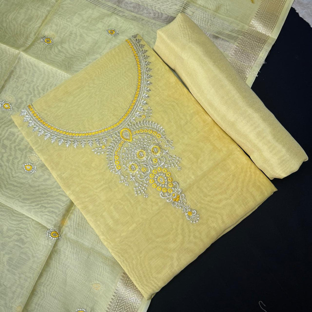 Pure Mal Chanderi Embroidery Unstitched Suit Set- ASJ019-04
