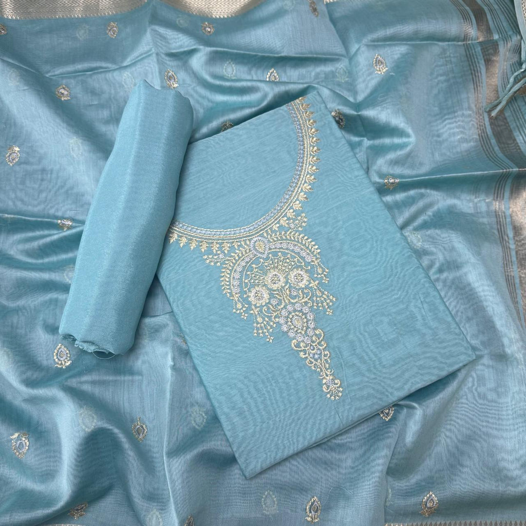 Pure Mal Chanderi Embroidery Unstitched Suit Set- ASJ019-05