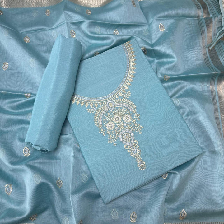 Pure Mal Chanderi Embroidery Unstitched Suit Set- ASJ019-05