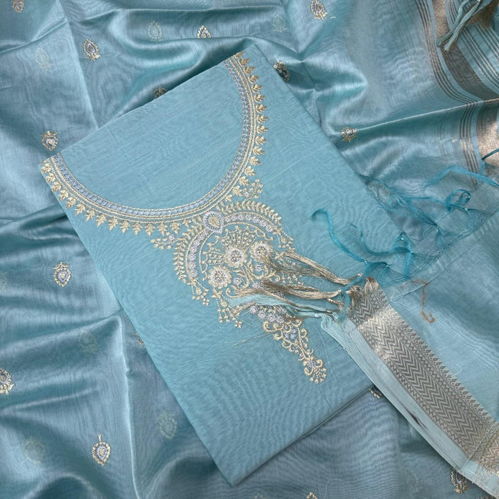 Pure Mal Chanderi Embroidery Unstitched Suit Set- ASJ019-05
