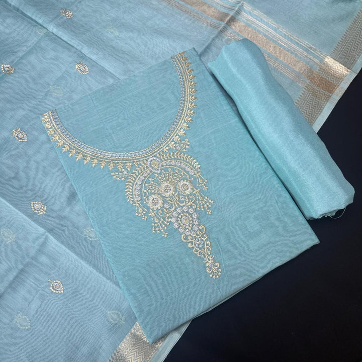 Pure Mal Chanderi Embroidery Unstitched Suit Set- ASJ019-05