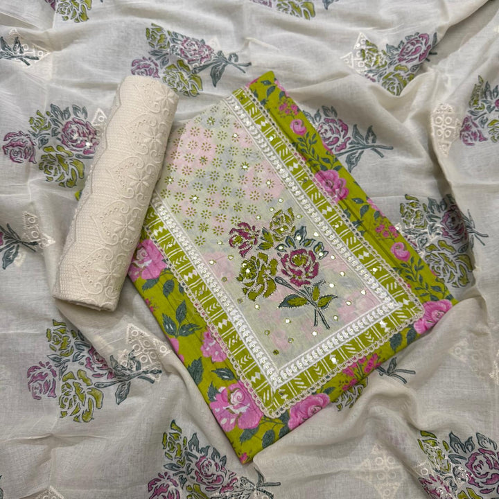 Premium Cotton Jaipuri Patch Work Unstitched Suit Set-DL3766-C
