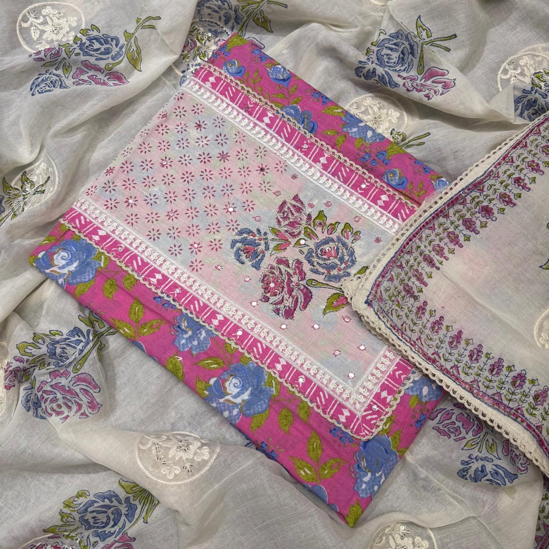 Premium Cotton Jaipuri Patch Work Unstitched Suit Set-DL3766-A