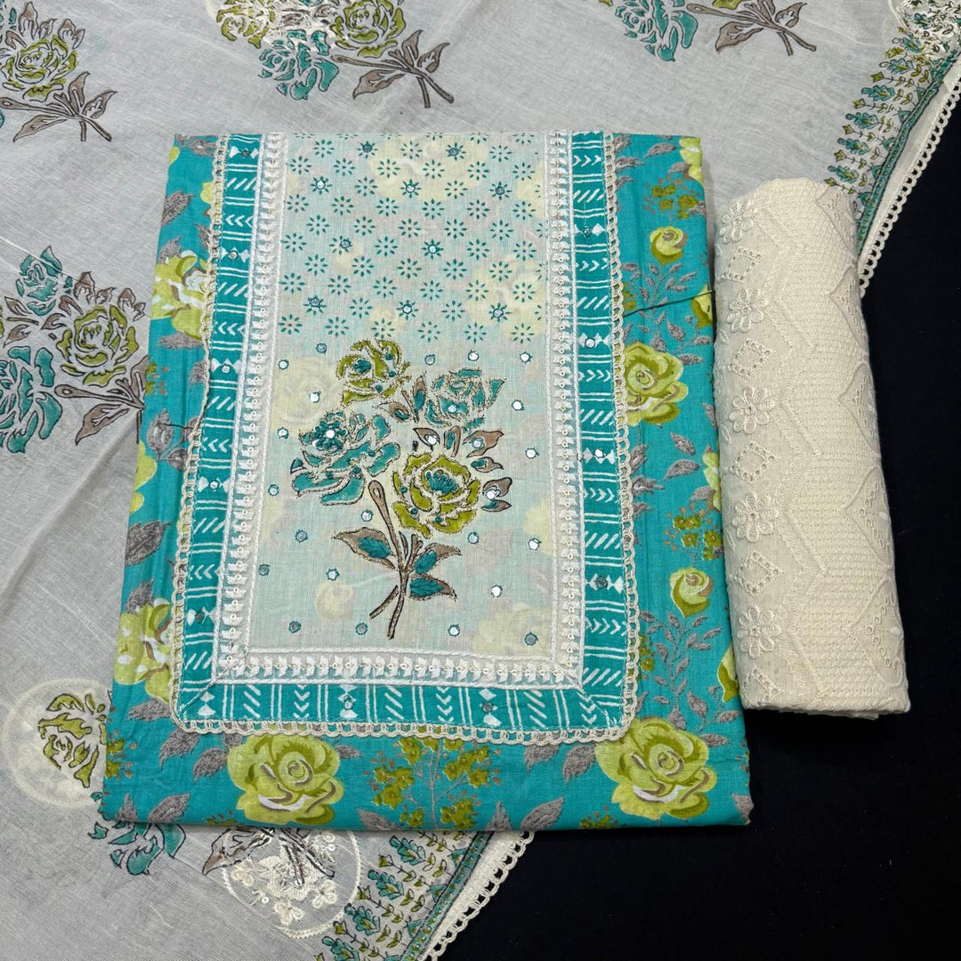 Premium Cotton Jaipuri Patch Work Unstitched Suit Set-DL3766-B