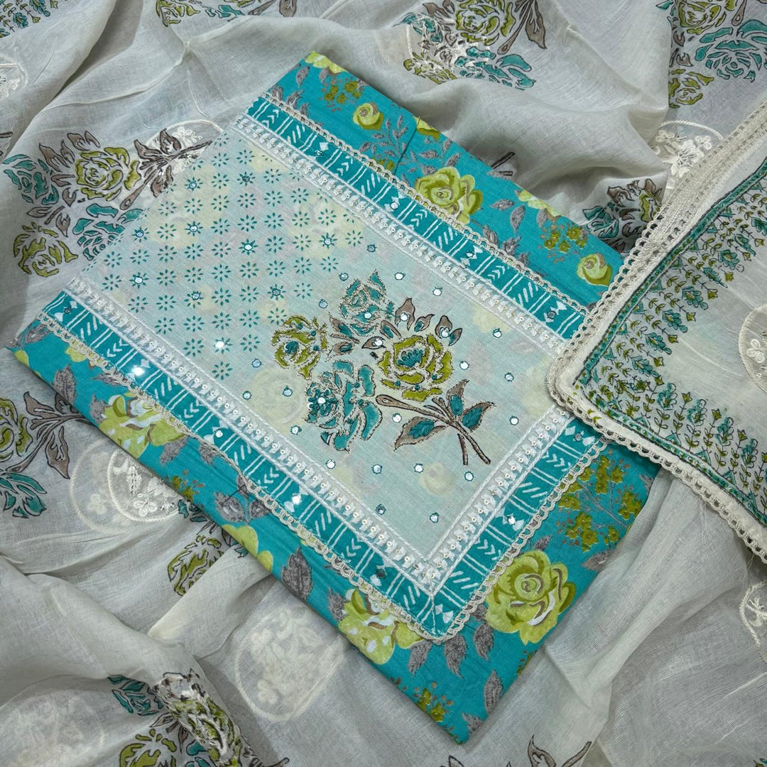 Premium Cotton Jaipuri Patch Work Unstitched Suit Set-DL3766-B