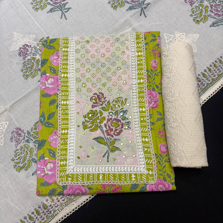 Premium Cotton Jaipuri Patch Work Unstitched Suit Set-DL3766-C