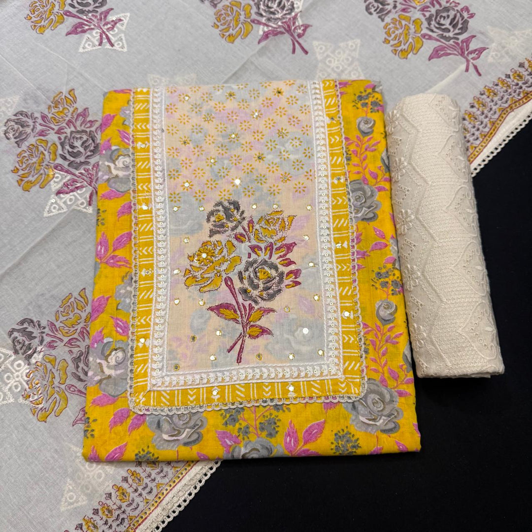 Premium Cotton Jaipuri Patch Work Unstitched Suit Set-DL3766-D