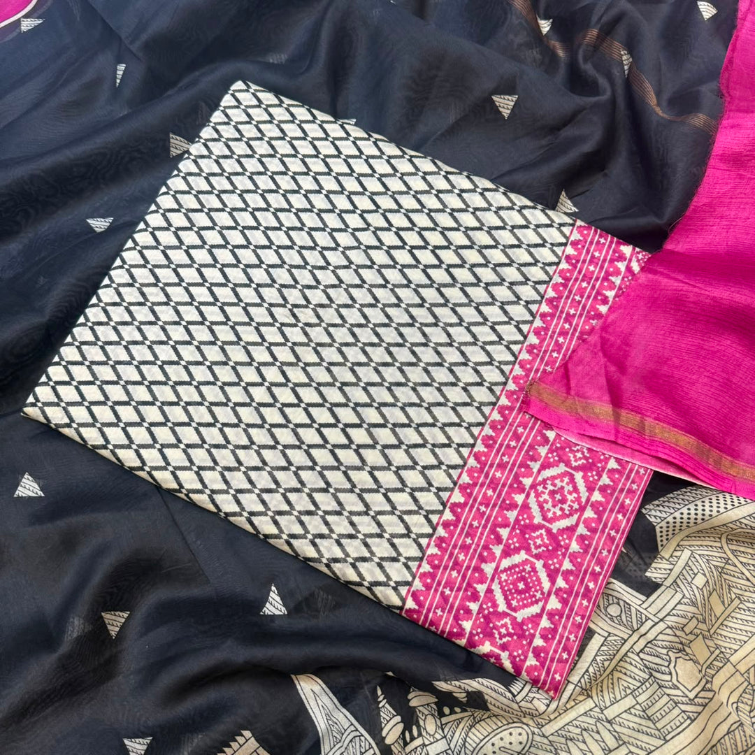 Premium Pure Silk Chanderi Printed Unstitched Suit Set - LV0445-4
