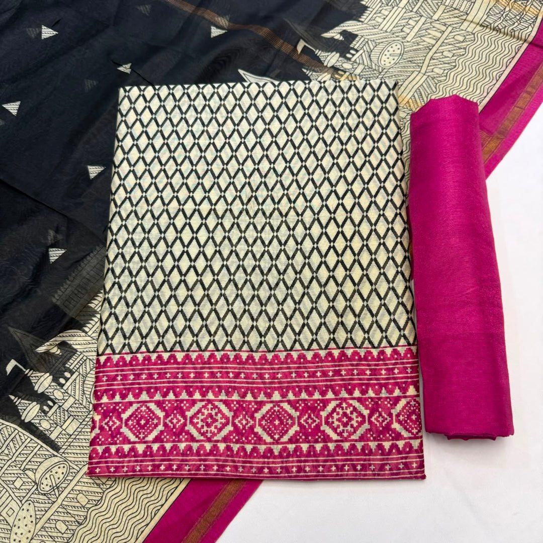 Premium Pure Silk Chanderi Printed Unstitched Suit Set - LV0445-4