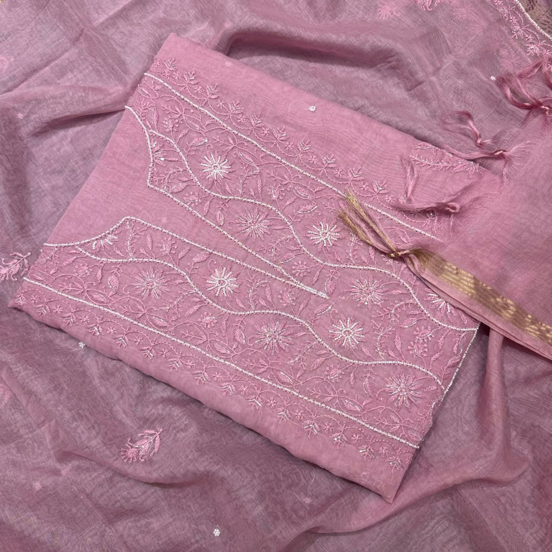 Pure Mal Chanderi Chikankari Pearl Work Unstitched Suit Set - KH0217-1