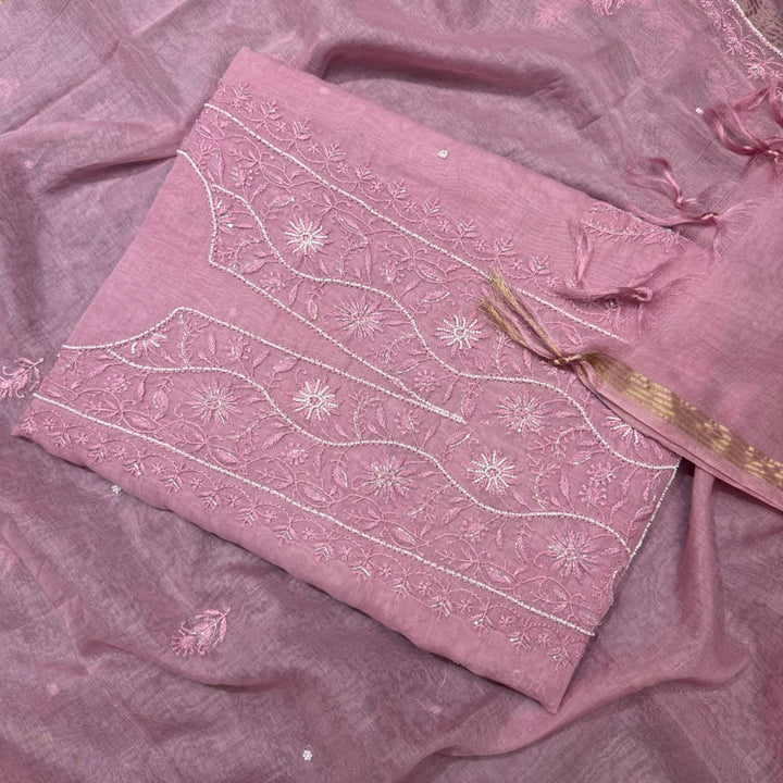 Pure Mal Chanderi Chikankari Pearl Work Unstitched Suit Set - KH0217-1