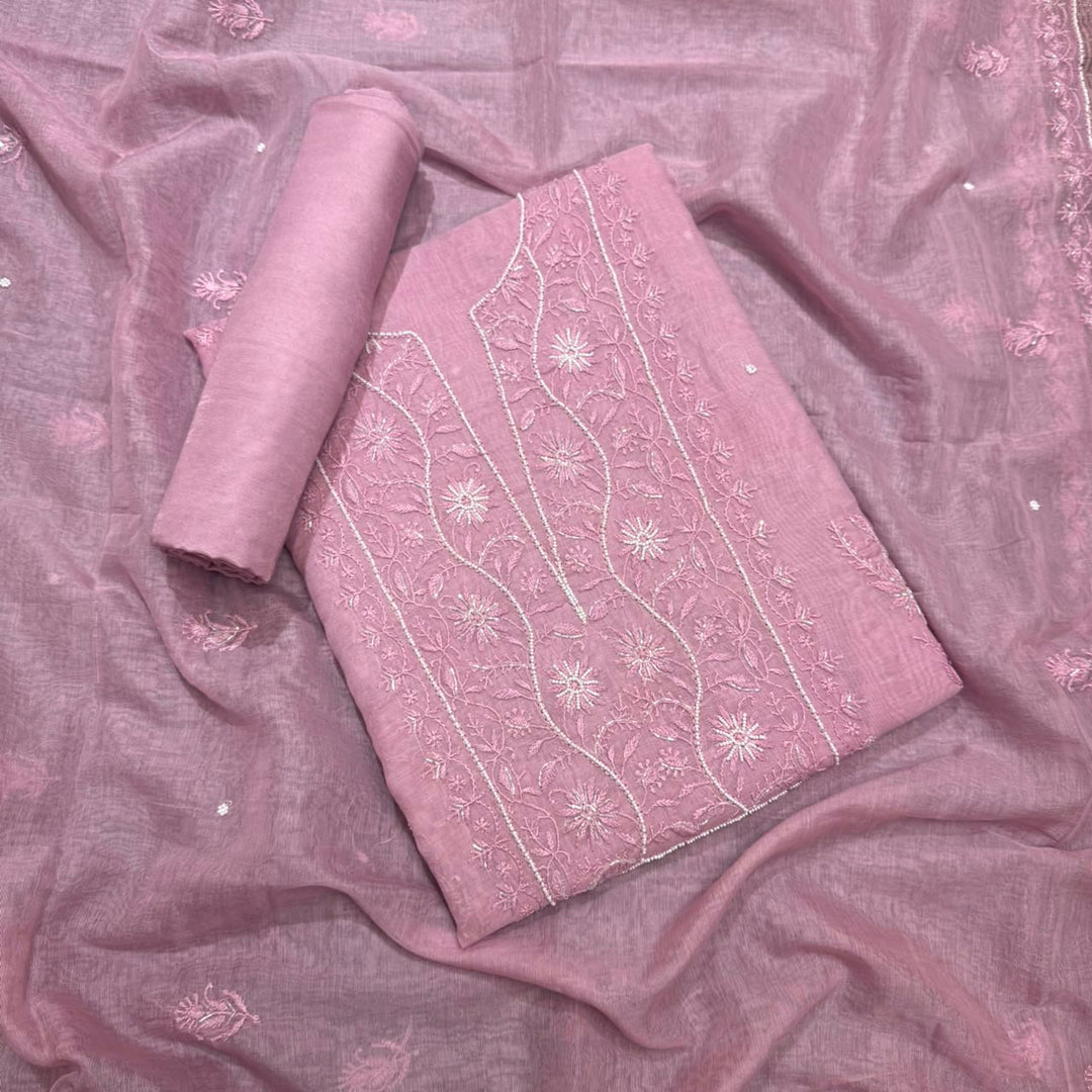 Pure Mal Chanderi Chikankari Pearl Work Unstitched Suit Set - KH0217-1