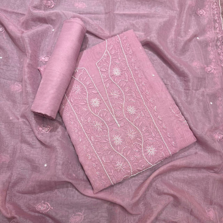 Pure Mal Chanderi Chikankari Pearl Work Unstitched Suit Set - KH0217-1