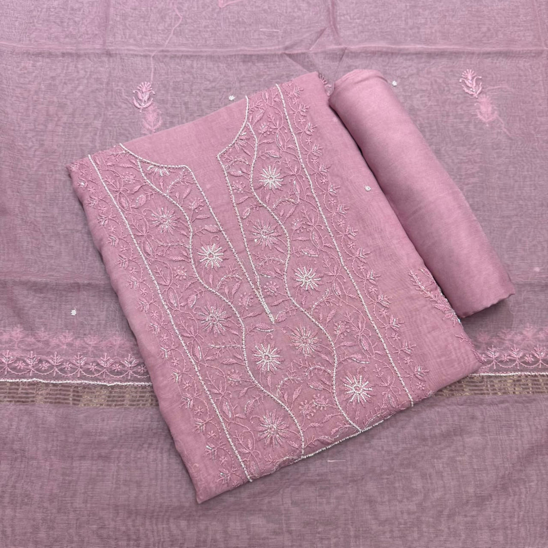 Pure Mal Chanderi Chikankari Pearl Work Unstitched Suit Set - KH0217-1