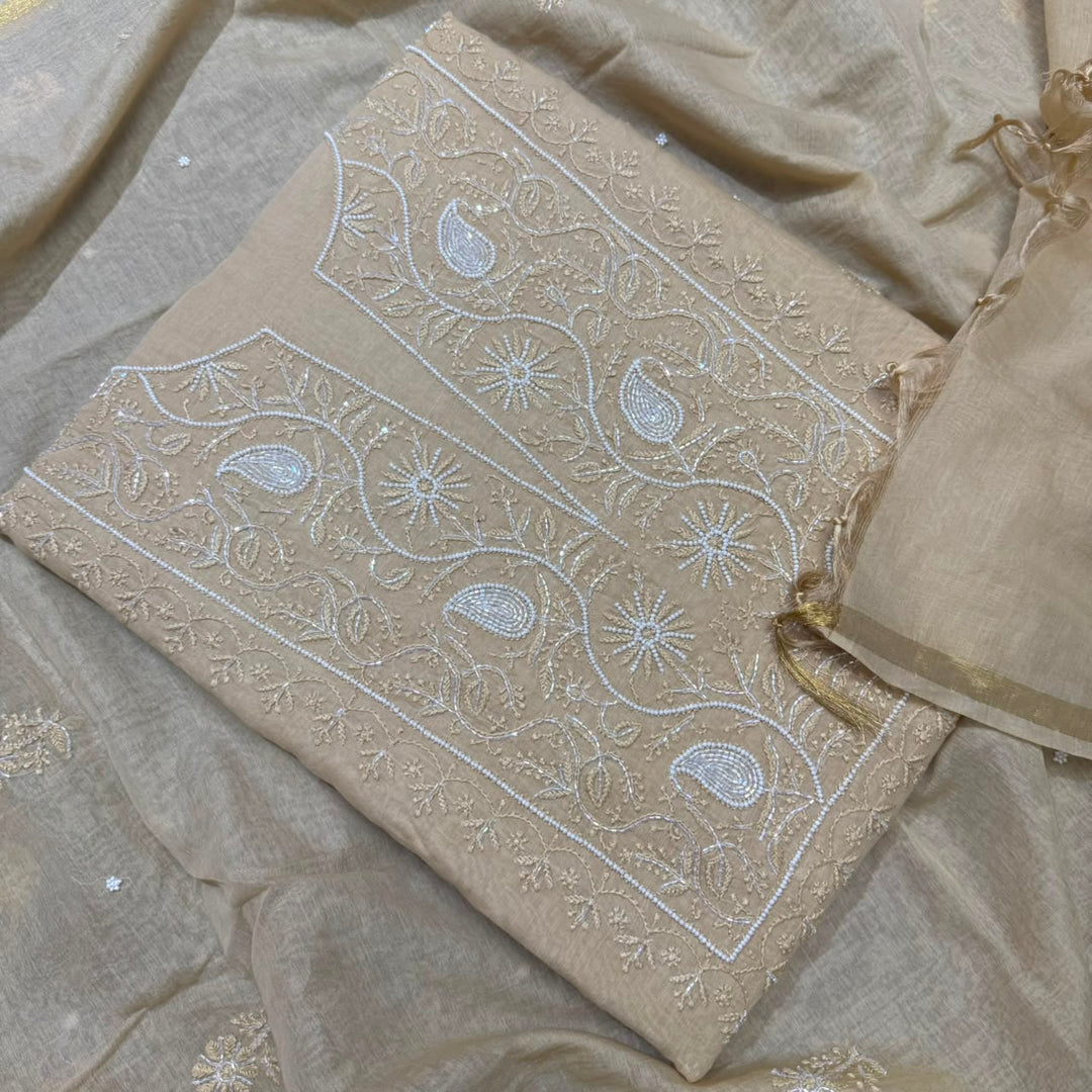 Pure Mal Chanderi Chikankari Pearl Work Unstitched Suit Set - KH0217-2