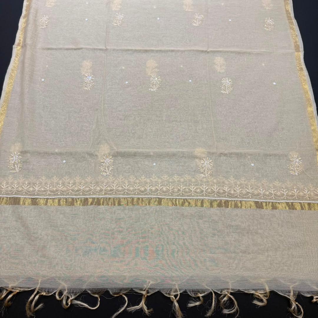 Pure Mal Chanderi Chikankari Pearl Work Unstitched Suit Set - KH0217-2