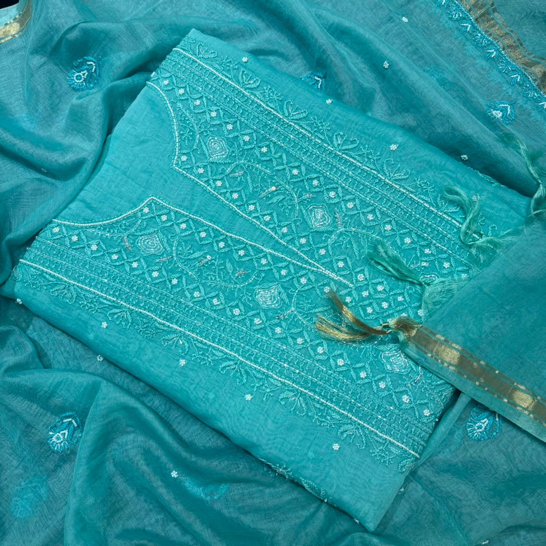 Pure Mal Chanderi Chikankari Pearl Work Unstitched Suit Set - KH0217-8