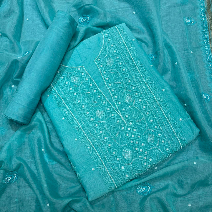 Pure Mal Chanderi Chikankari Pearl Work Unstitched Suit Set - KH0217-8