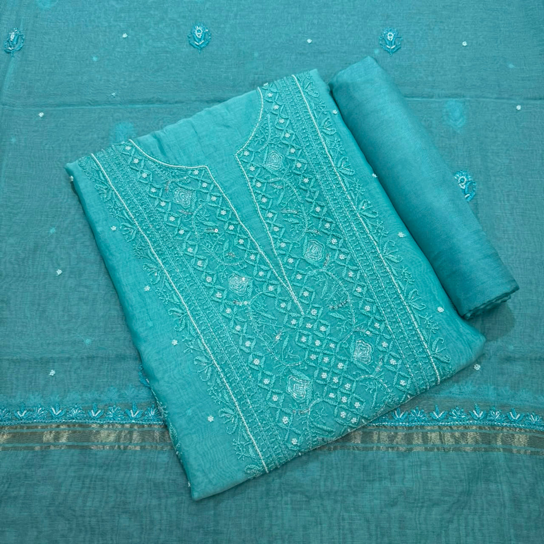Pure Mal Chanderi Chikankari Pearl Work Unstitched Suit Set - KH0217-8