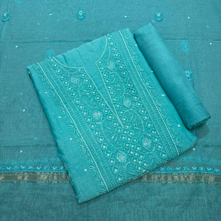 Pure Mal Chanderi Chikankari Pearl Work Unstitched Suit Set - KH0217-8