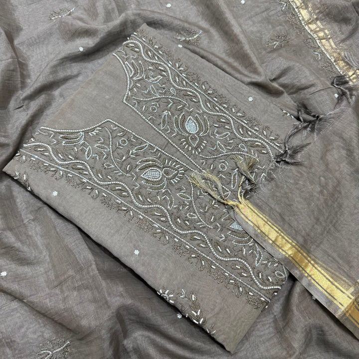 Pure Mal Chanderi Chikankari Pearl Work Unstitched Suit Set - KH0217-6