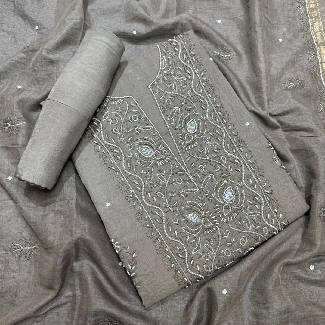 Pure Mal Chanderi Chikankari Pearl Work Unstitched Suit Set - KH0217-6