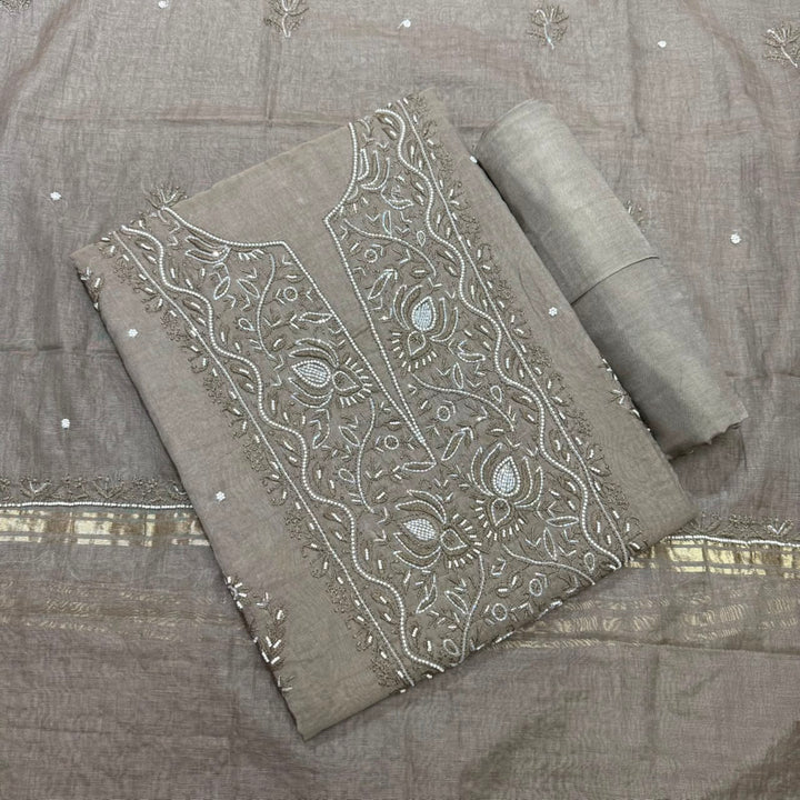 Pure Mal Chanderi Chikankari Pearl Work Unstitched Suit Set - KH0217-6