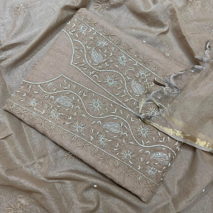 Pure Mal Chanderi Chikankari Pearl Work Unstitched Suit Set - KH0217-4
