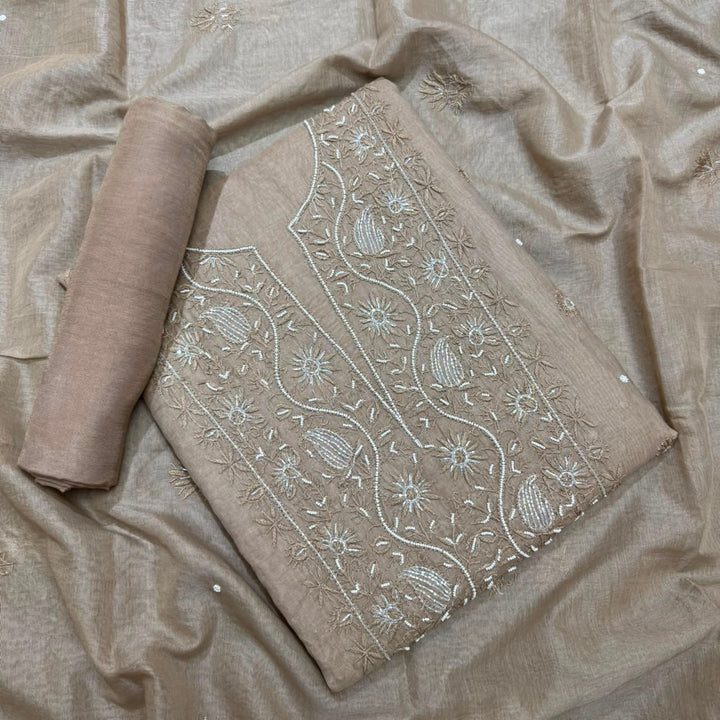 Pure Mal Chanderi Chikankari Pearl Work Unstitched Suit Set - KH0217-4