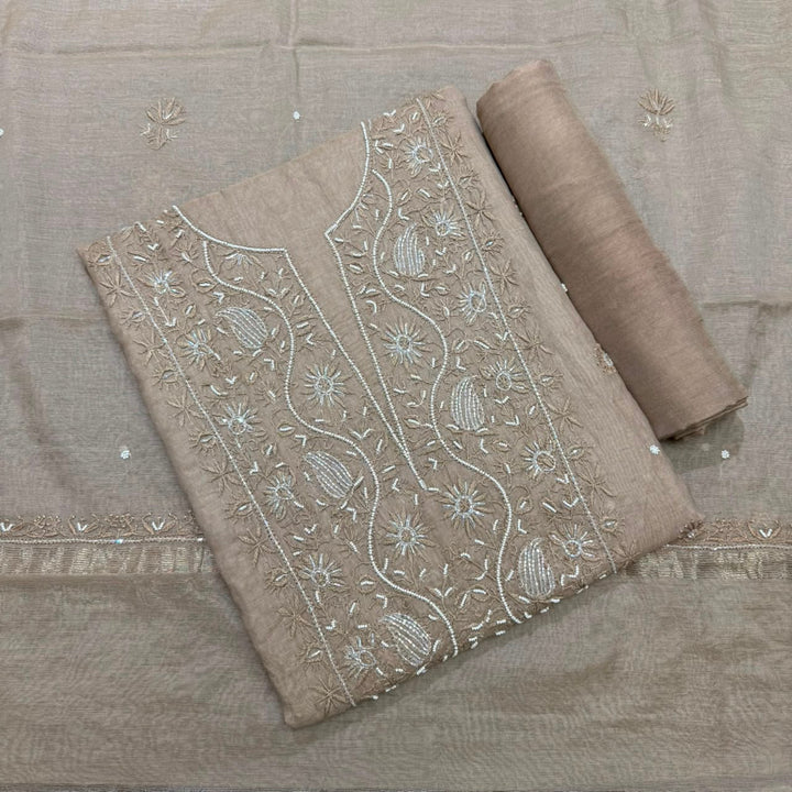 Pure Mal Chanderi Chikankari Pearl Work Unstitched Suit Set - KH0217-4