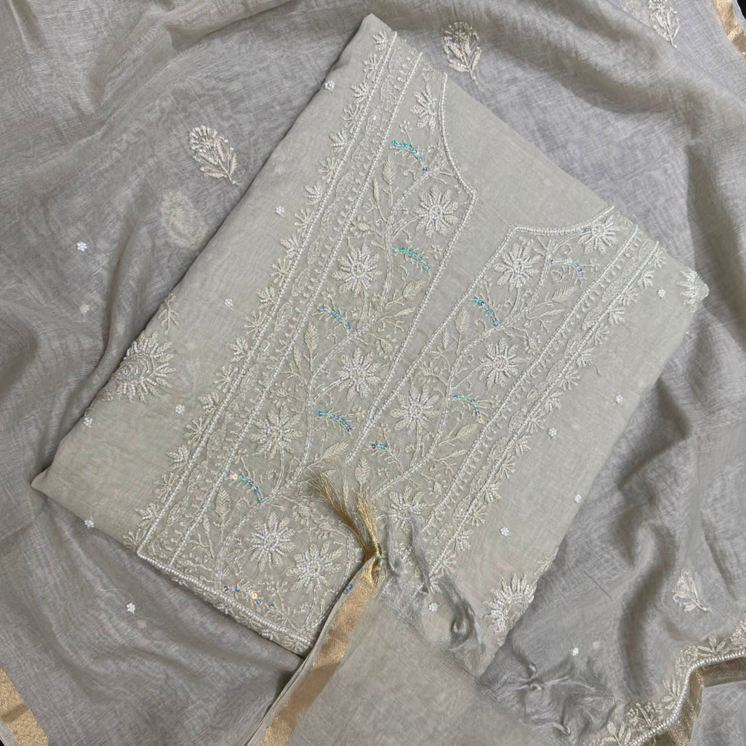 Pure Mal Chanderi Chikankari Pearl Work Unstitched Suit Set - KH0217-7
