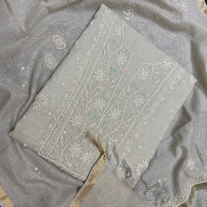 Pure Mal Chanderi Chikankari Pearl Work Unstitched Suit Set - KH0217-7