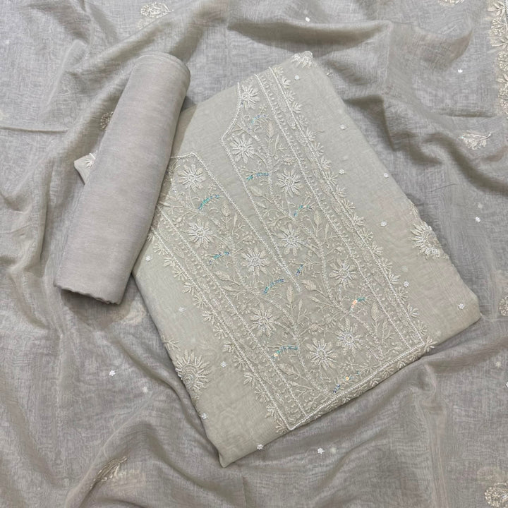 Pure Mal Chanderi Chikankari Pearl Work Unstitched Suit Set - KH0217-7