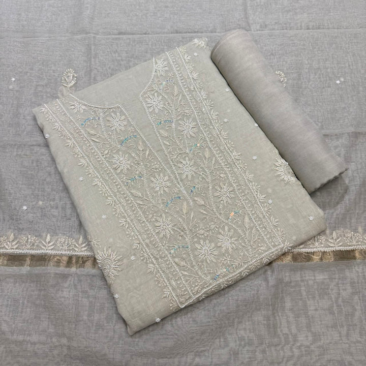 Pure Mal Chanderi Chikankari Pearl Work Unstitched Suit Set - KH0217-7