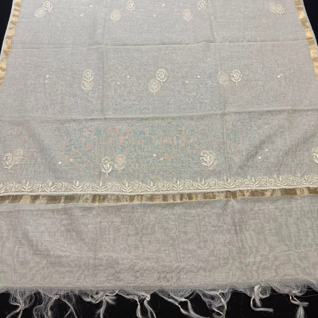 Pure Mal Chanderi Chikankari Pearl Work Unstitched Suit Set - KH0217-7