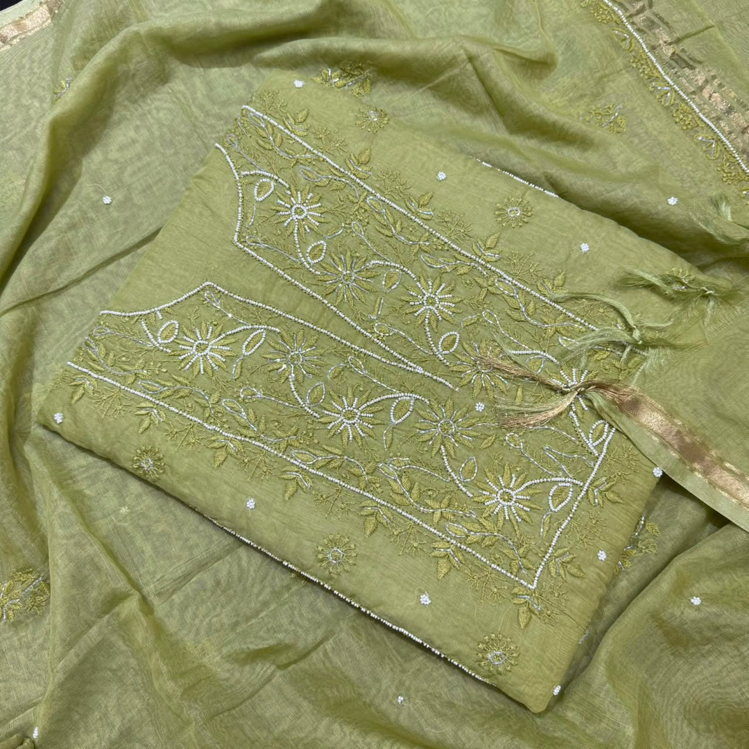 Pure Mal Chanderi Chikankari Pearl Work Unstitched Suit Set - KH0217-3