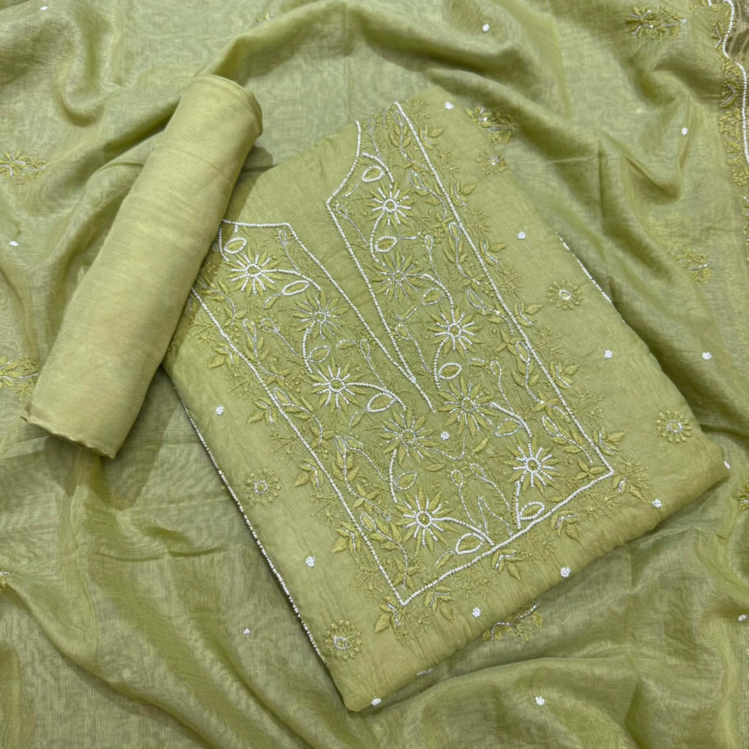 Pure Mal Chanderi Chikankari Pearl Work Unstitched Suit Set - KH0217-3
